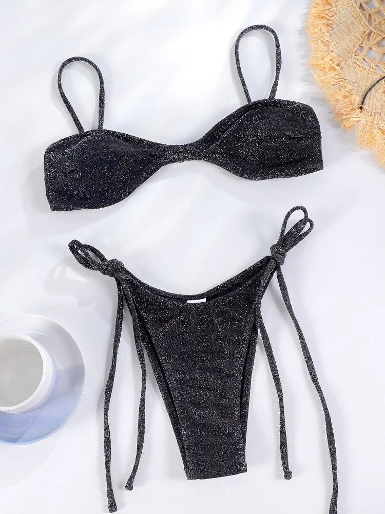 Sexy Black Shiny String Bikini – Tie-Up Brazilian Swimsuit for Women’s Beachwear