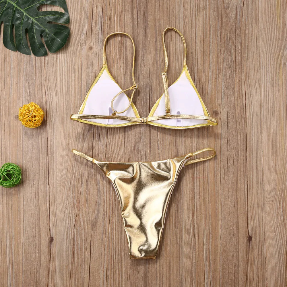 Summer Sexy Thong Bikini Set – Pure Silver & Gold Sequin Push-Up Padded Swimwear for Women
