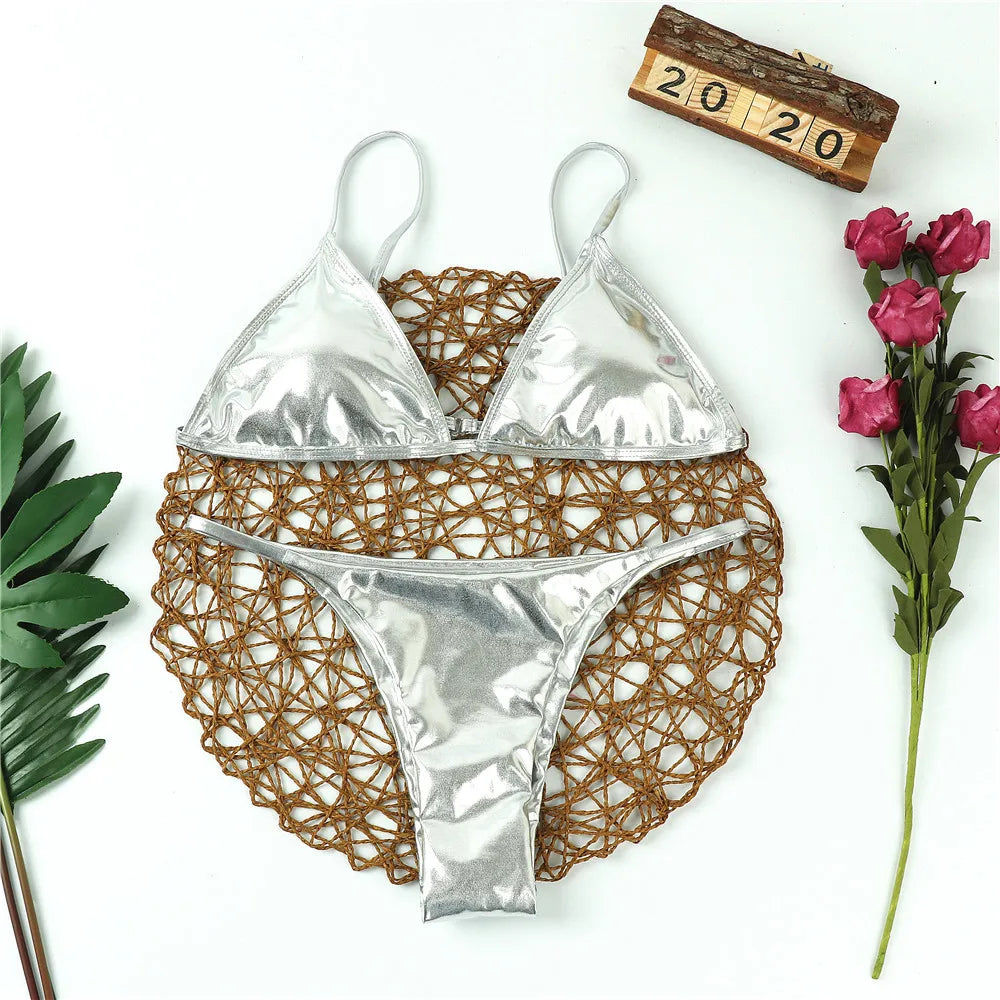 Summer Sexy Thong Bikini Set – Pure Silver & Gold Sequin Push-Up Padded Swimwear for Women