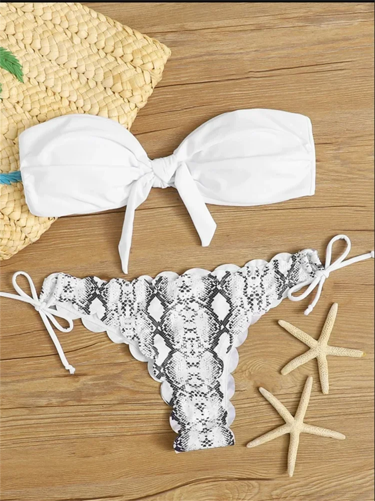 Beach Bikini 2024 for Women - Sexy Front Lace Up Tie Bandeau Leopard Swimsuit, Push Up Ruffled Bow Bathing Suit, Thong Swimwear