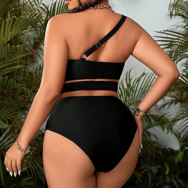 2025 Plus Size One-Shoulder Cut-Out Black Bikini Set – Sexy Women's Swimsuit for Curvy Females