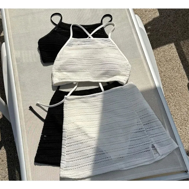 New Two Pieces Set Swimsuit Women, White Swimwear, Sexy High Neck Bikini, High Waist Skirts, Beach Wear, Knitting Bathing Suit, Korean