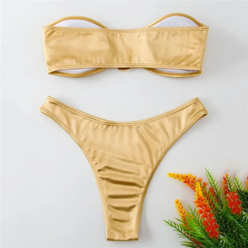 Sexy U-Shaped Bandeau Bikini Set – Strapless Gold Brazilian Swimsuit for Women