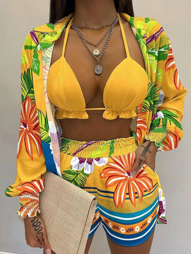 New Green Print High-Waist Bikini Set – Sexy Lace-Up Three-Piece Swimsuit for Women’s Beachwear