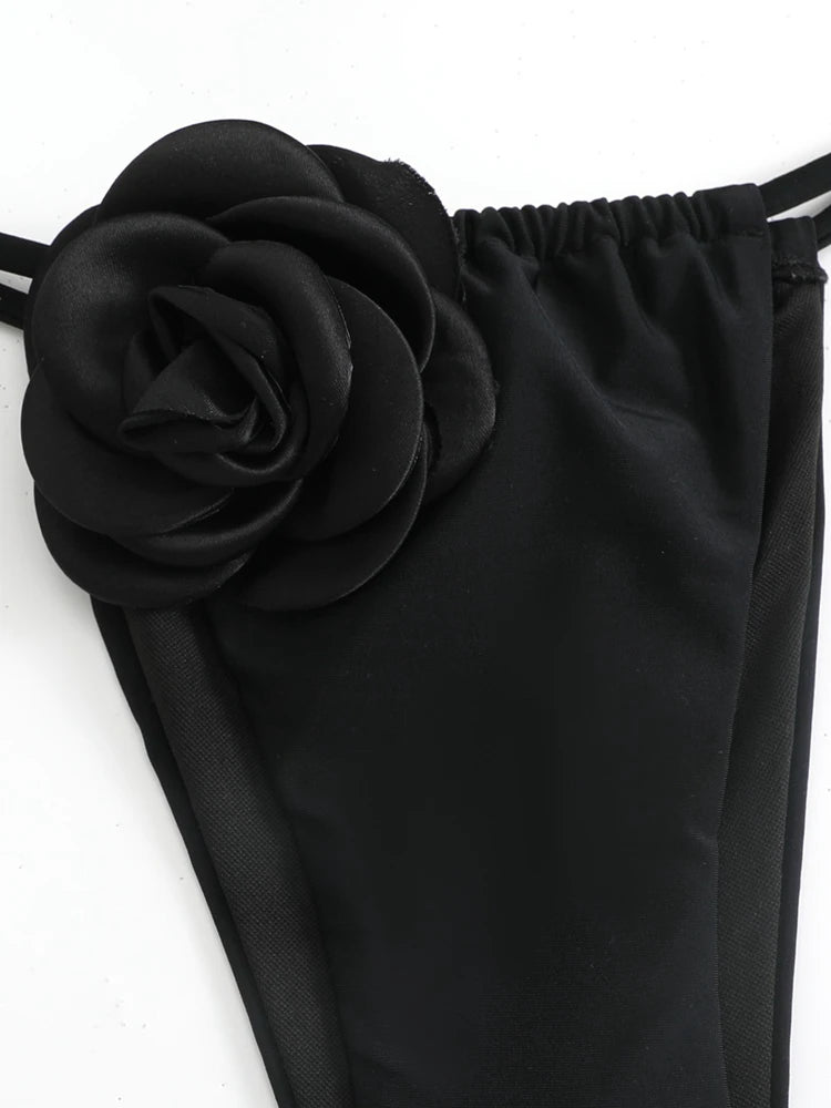 Rose Chest Bikini Set – Strapless Tube Top with Drawstring Bottom in Black/White
