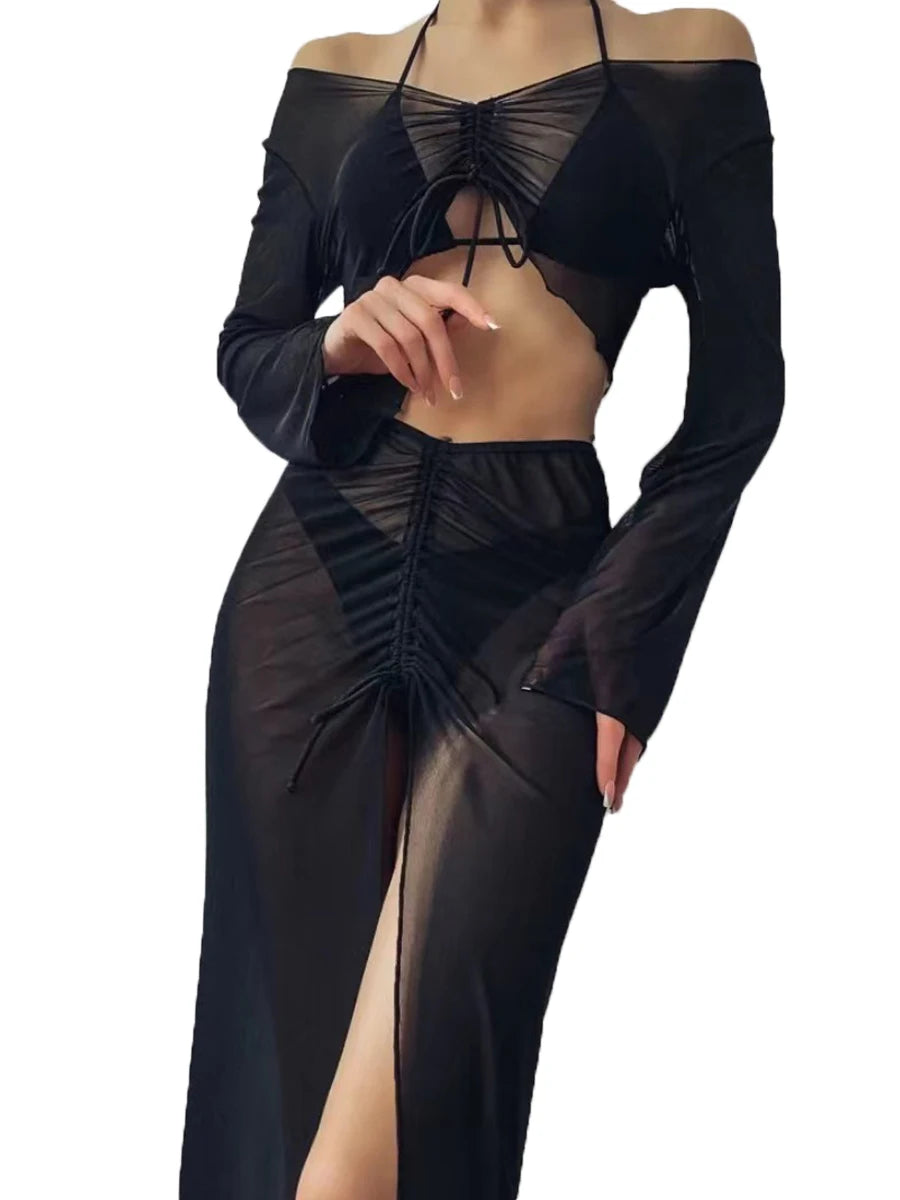 4-Piece Drawstring Bikini Set – Long Sleeve Top & Sarong Wrap Skirt Swimwear for Women