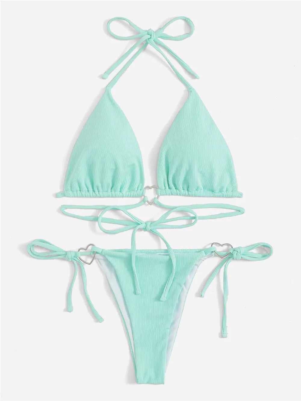 2025 Sexy Light Blue Micro Bikini Set – Triangle Halter Thong with Heart Ring Detail