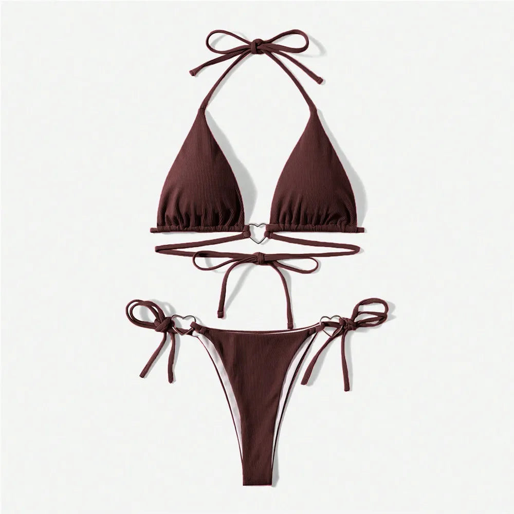 2025 Sexy Light Blue Micro Bikini Set – Triangle Halter Thong with Heart Ring Detail