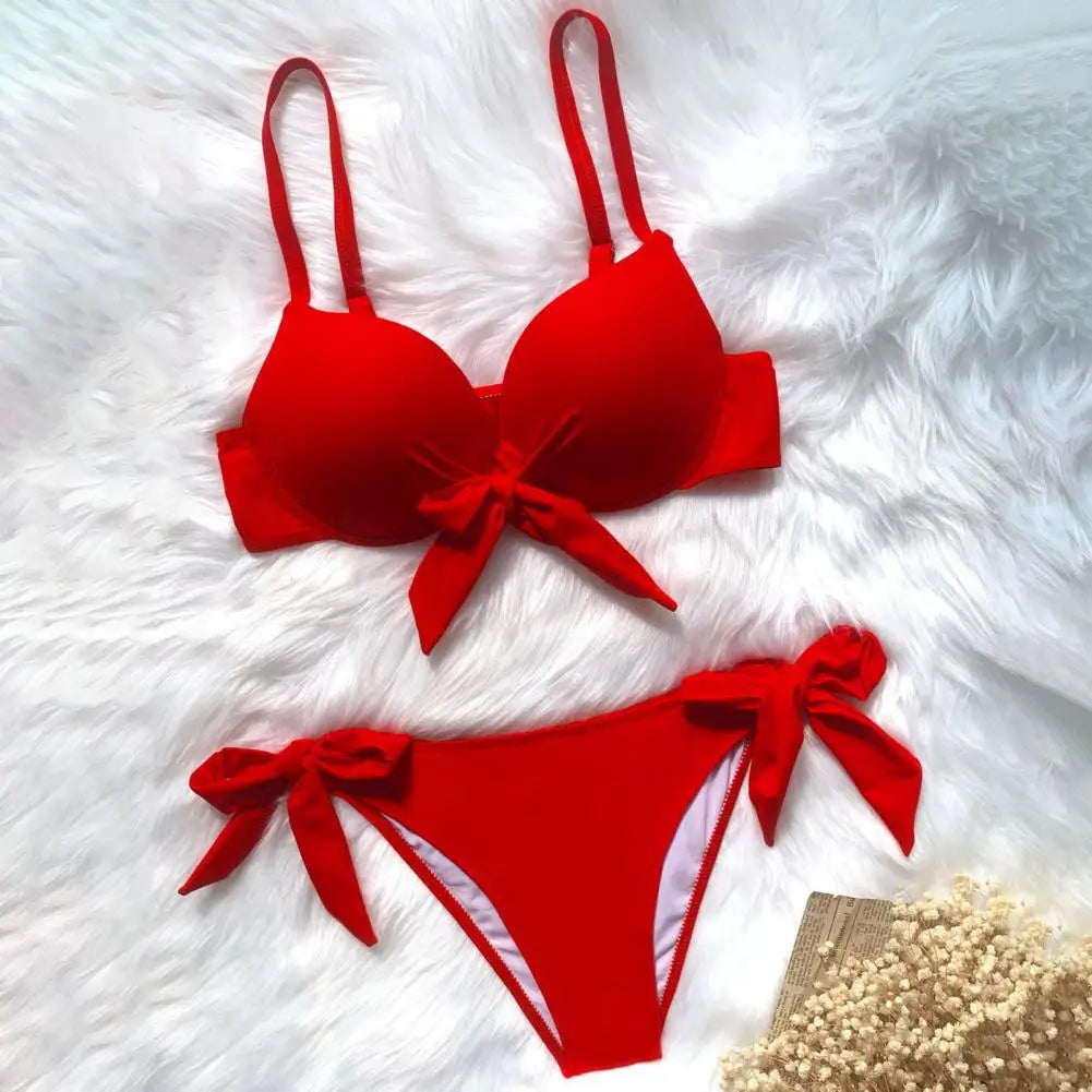 Sexy Front Bow Knot Push-Up Bikini Set – Solid Two-Piece Swimsuit with Tie for Women