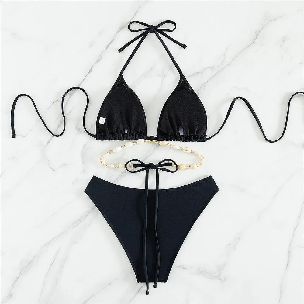 2025 Sexy White Shell String Halter Bikini Set – Triangle Micro Thong Swimsuit for Women, Mini Bathing Suit