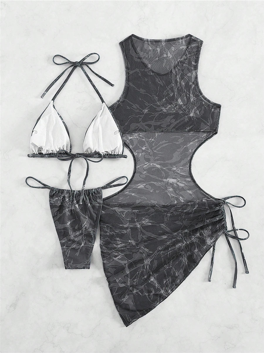 2025 3-Piece Print Halter Bikini Set – Triangle String Swimsuit & Beachwear for Women
