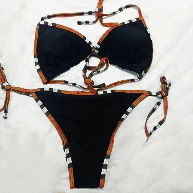 2025 Women’s Sexy Solid Color Bikini – Adjustable Lace-Up Brazilian Halterneck Swimsuit