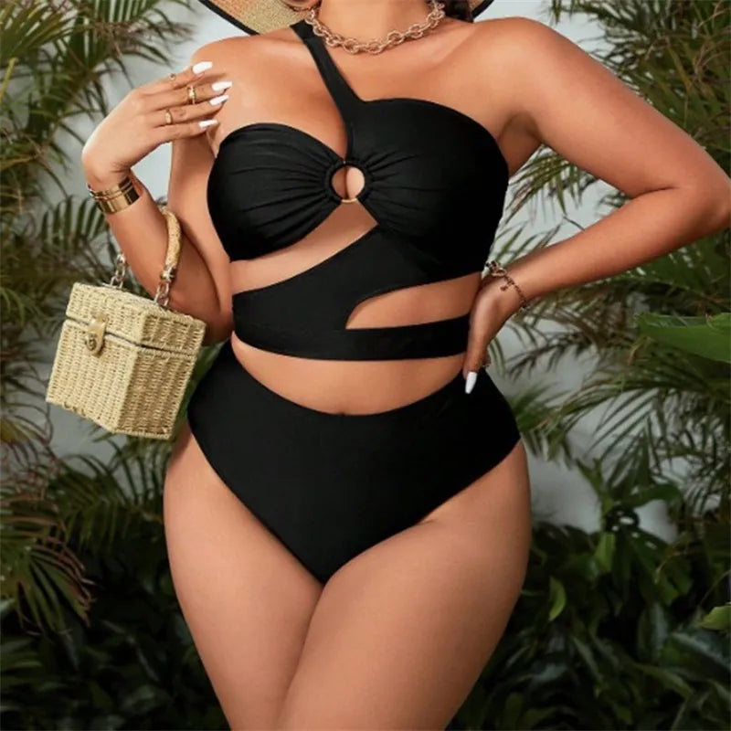 2025 Plus Size One-Shoulder Cut-Out Black Bikini Set – Sexy Women's Swimsuit for Curvy Females