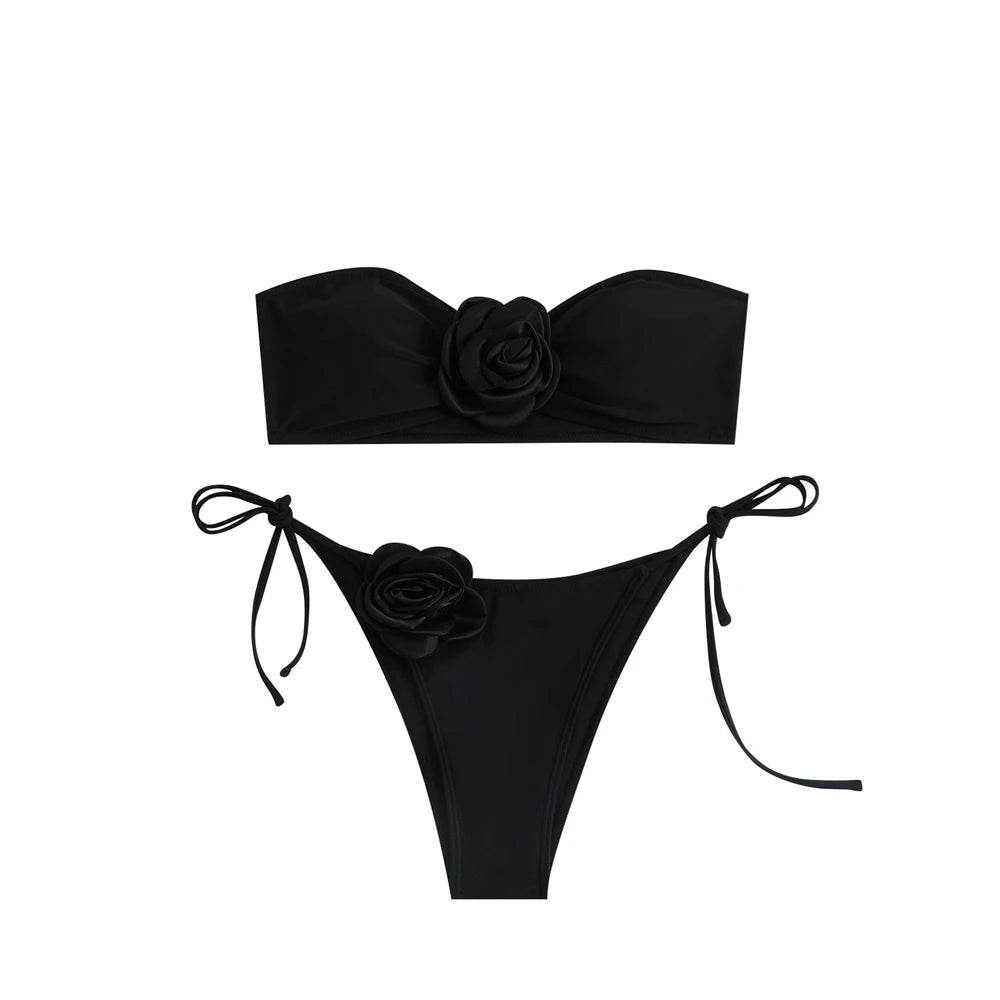 Rose Chest Bikini Set – Strapless Tube Top with Drawstring Bottom in Black/White