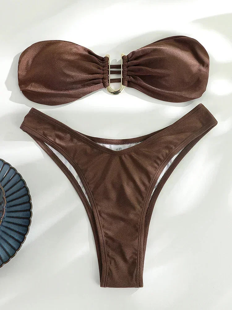 Solid Push-Up Bandeau Bikini Set – Sexy Summer Swimsuit for Women’s Beachwear