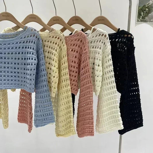 Y2K Long Sleeve Crochet Knit Top, Summer Beach Bikini Cover Up, Crop Pullover Wool Knitwear Blouse, Women Vacation Boho Outfit