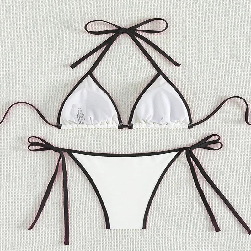 Sexy Contrasting Colors Micro String Bikini Set – Halter Mini Thong Swimwear for Women
