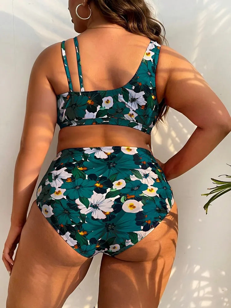 Plus Size Ruffle Bikini Set for Women - Floral Swimwear, Tie Front High Waist Swimsuit, Bathing Suit