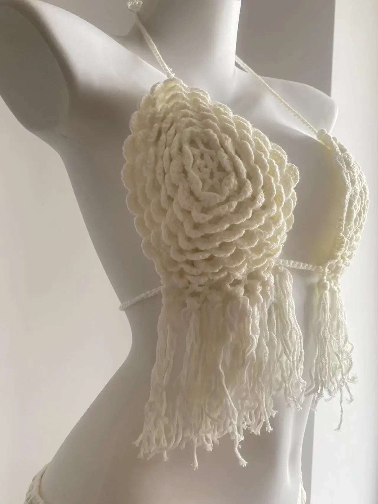 Knitted Bra Top Bikini Set – Handmade Crochet Swimsuit with Tassel Beach Wrap Skirt for Holiday Outfits