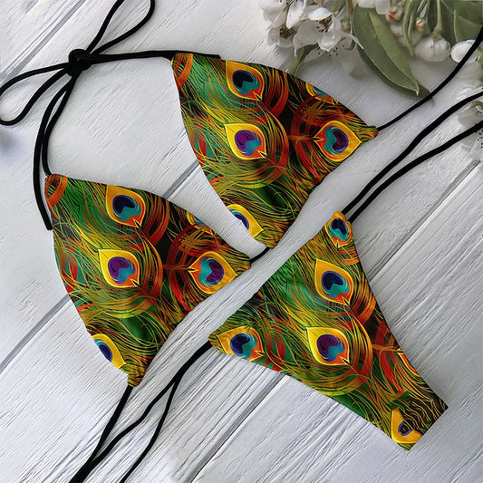 3D Peacock Feather Bikini Set – Deep V Lace-Up Swimsuit for Women’s Sexy Beach Vacation Look