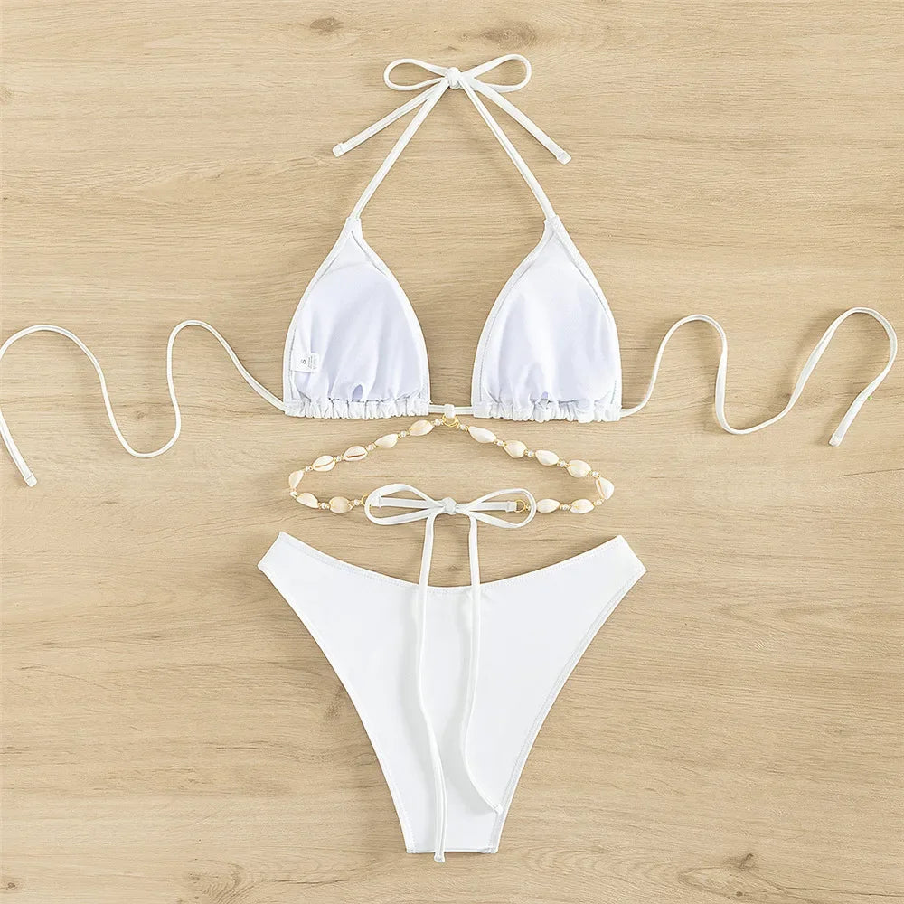 2025 Sexy White Shell String Halter Bikini Set – Triangle Micro Thong Swimsuit for Women, Mini Bathing Suit