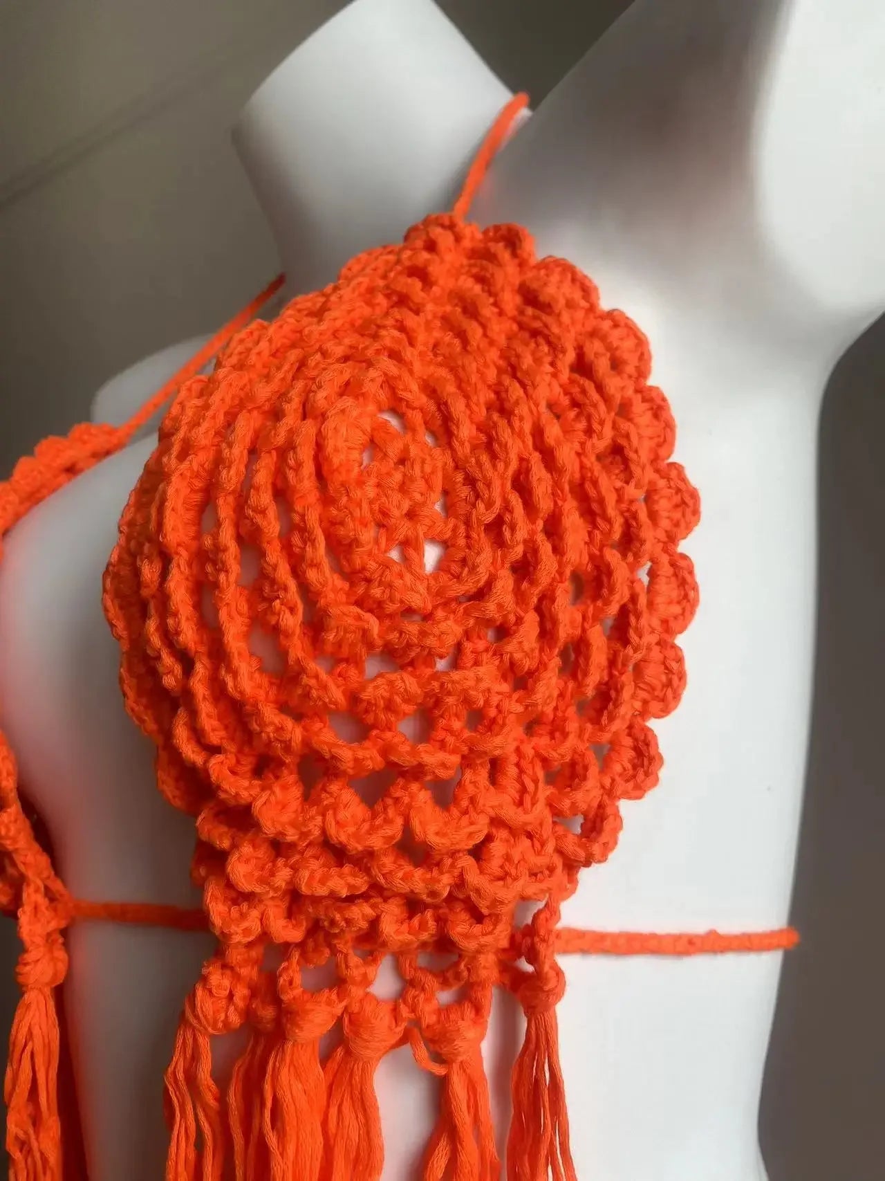 Knitted Bra Top Bikini Set – Handmade Crochet Swimsuit with Tassel Beach Wrap Skirt for Holiday Outfits