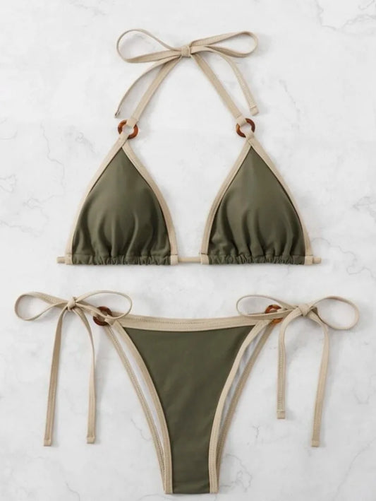 Green Halter Micro Ring Bikini Set – Tie-String Thong Two-Piece Swimsuit for Women’s Beach Outfits