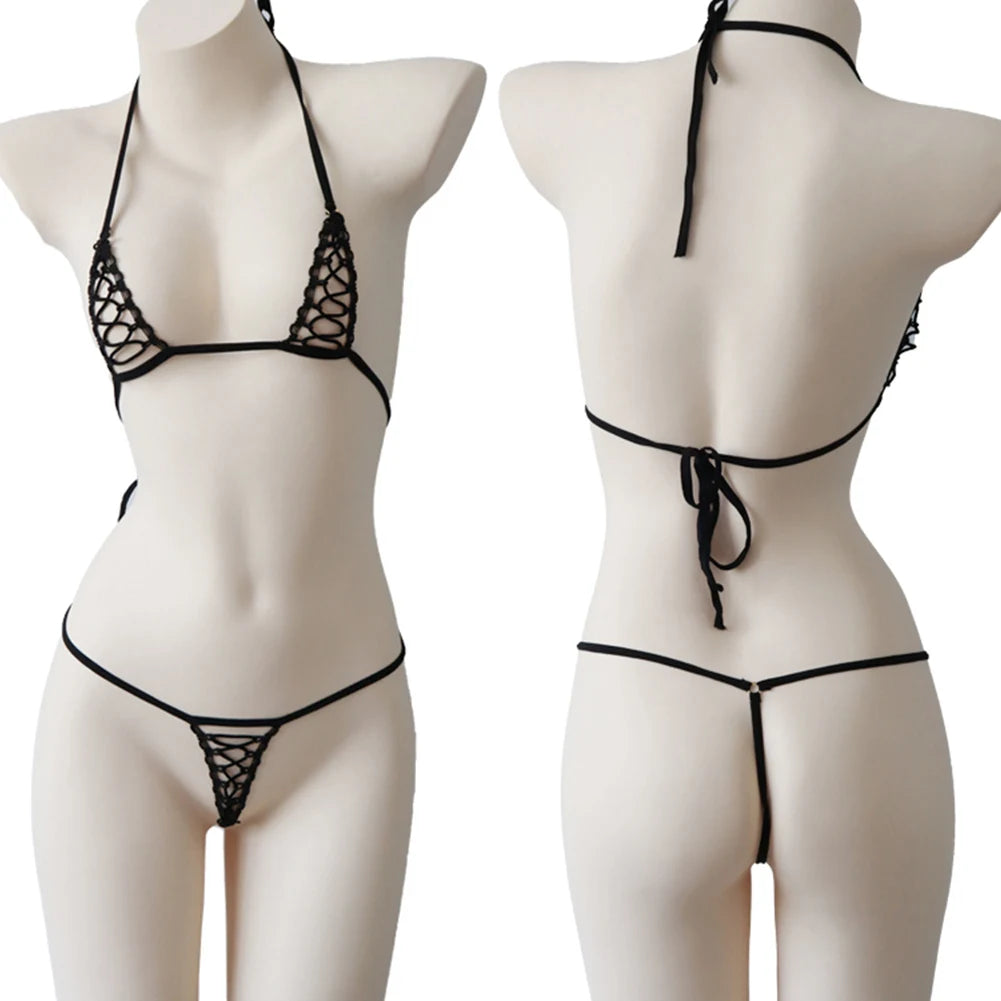 Women's Sexy Bar Lingerie Sets, Hollow Three-Point Elastic Bikini, Breathable Pajamas Set, Ultra-Thin Straps, Low Rise Underwear
