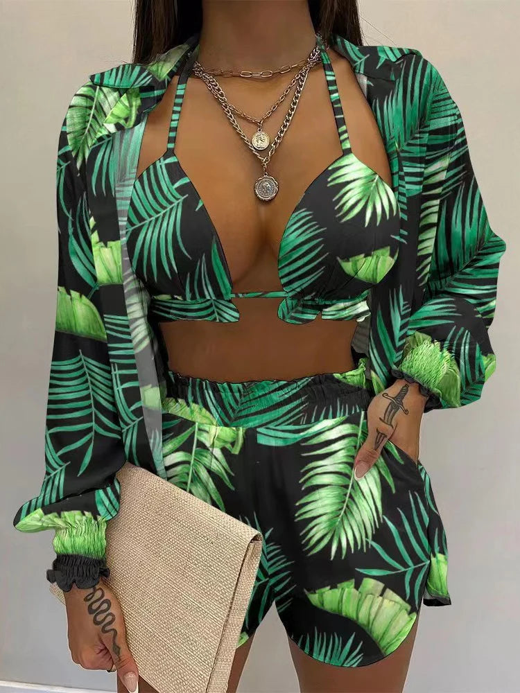 New Green Print High-Waist Bikini Set – Sexy Lace-Up Three-Piece Swimsuit for Women’s Beachwear