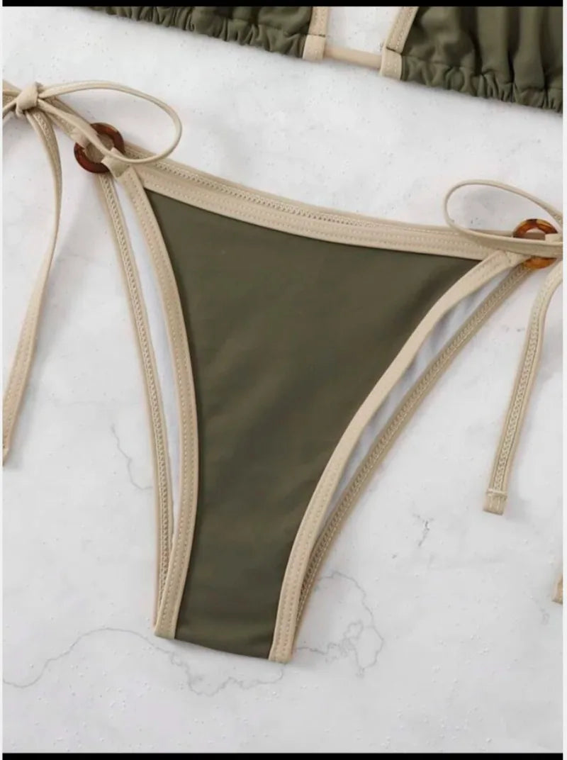 Green Halter Micro Ring Bikini Set – Tie-String Thong Two-Piece Swimsuit for Women’s Beach Outfits
