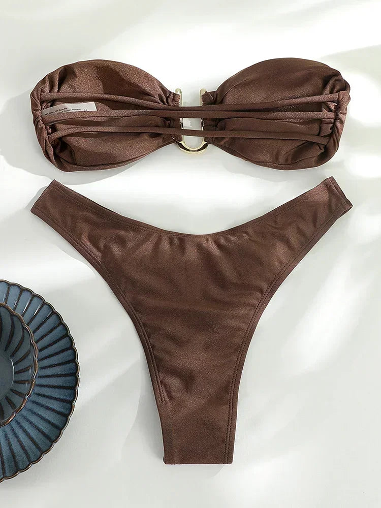 Solid Push-Up Bandeau Bikini Set – Sexy Summer Swimsuit for Women’s Beachwear