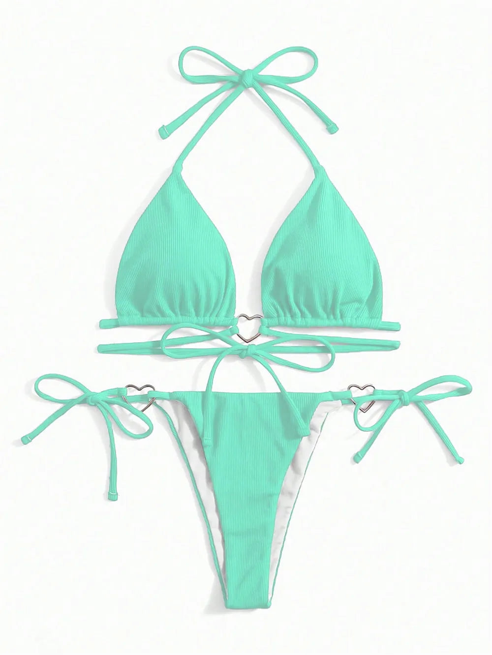 2025 Sexy Light Blue Micro Bikini Set – Triangle Halter Thong with Heart Ring Detail