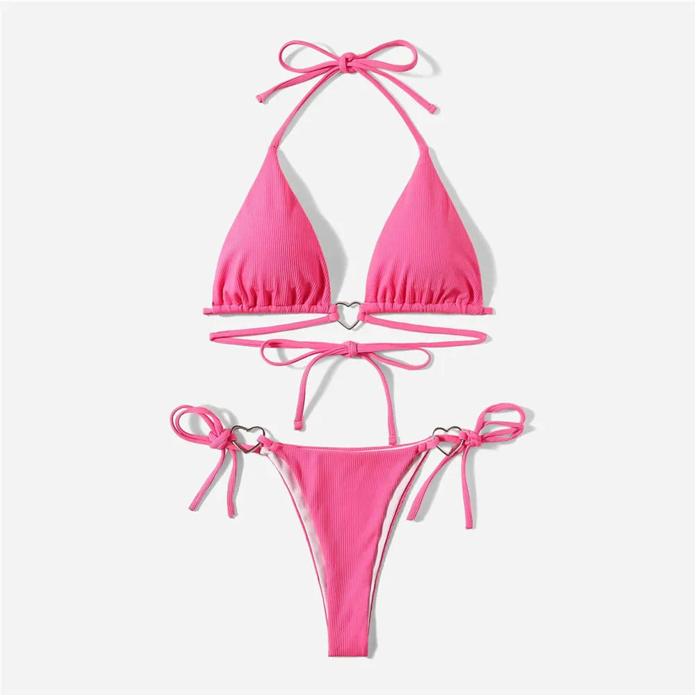 2025 Sexy Light Blue Micro Bikini Set – Triangle Halter Thong with Heart Ring Detail