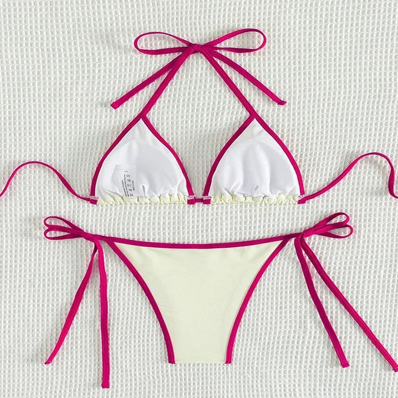 Sexy Contrasting Colors Micro String Bikini Set – Halter Mini Thong Swimwear for Women