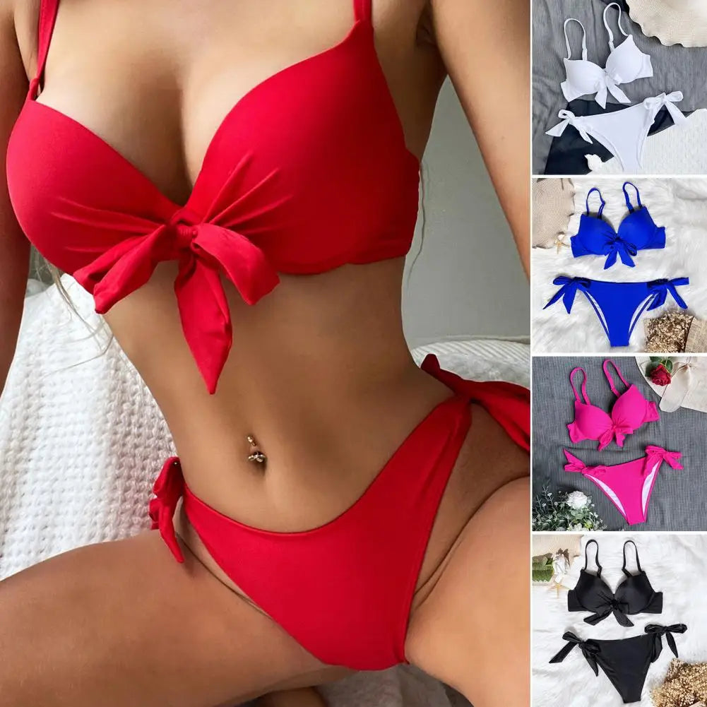 Sexy Front Bow Knot Push-Up Bikini Set – Solid Two-Piece Swimsuit with Tie for Women