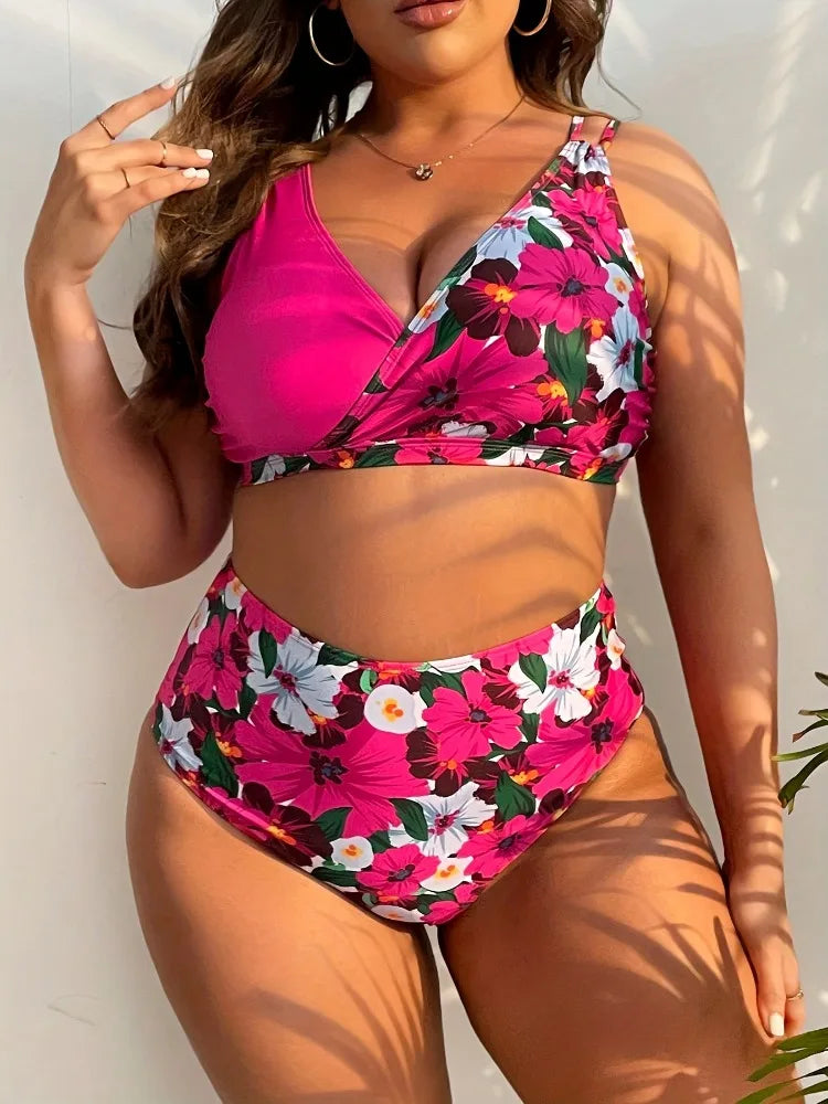 Plus Size Ruffle Bikini Set for Women - Floral Swimwear, Tie Front High Waist Swimsuit, Bathing Suit