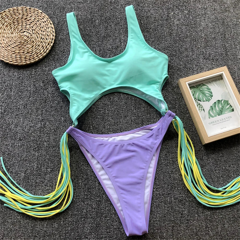 Patchwork Fringe Monokini – Cut-Out Rings One-Piece Swimsuit for Women’s Luxury Beach Vacation Swimwear