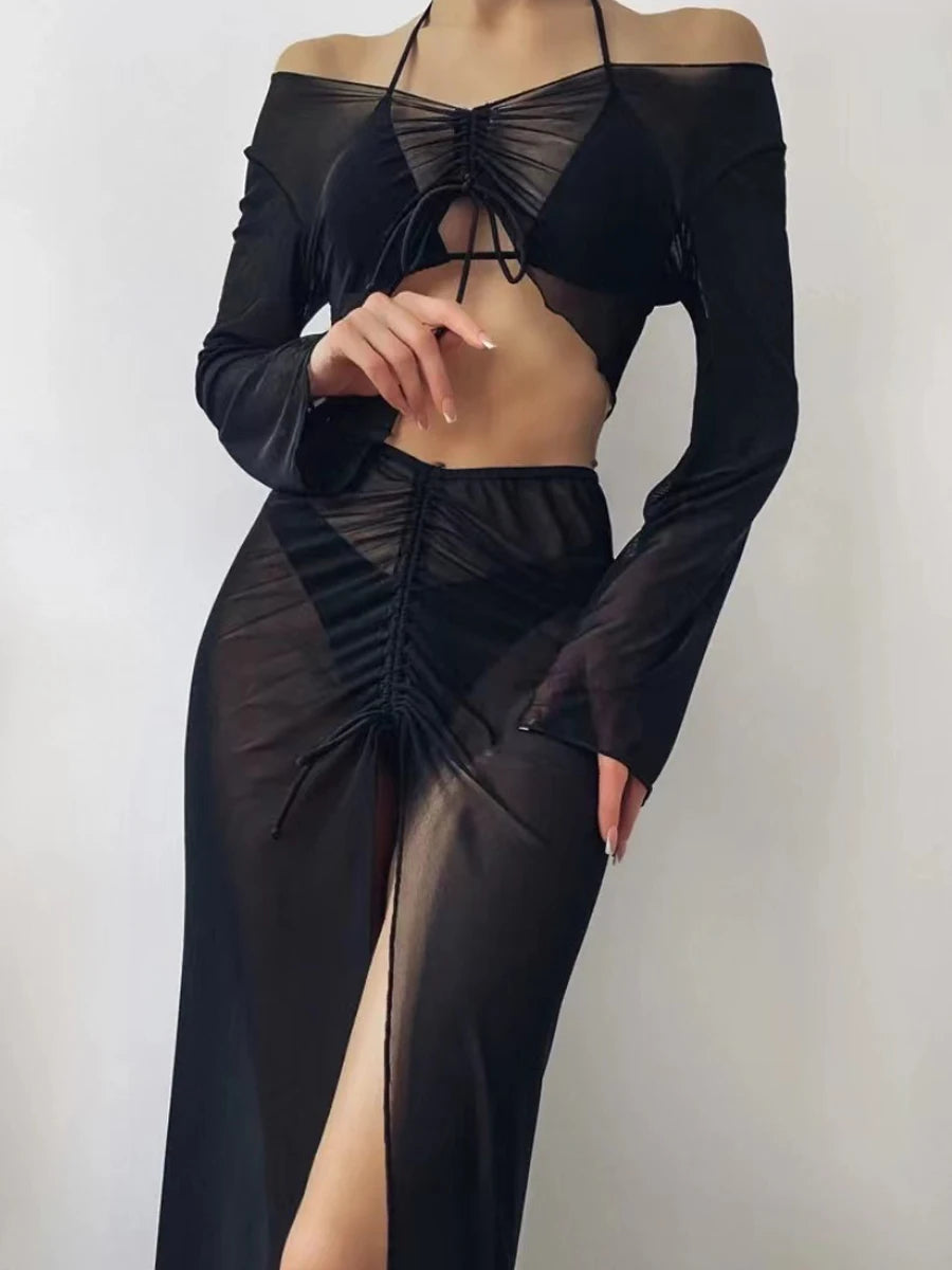 4-Piece Drawstring Bikini Set – Long Sleeve Top & Sarong Wrap Skirt Swimwear for Women