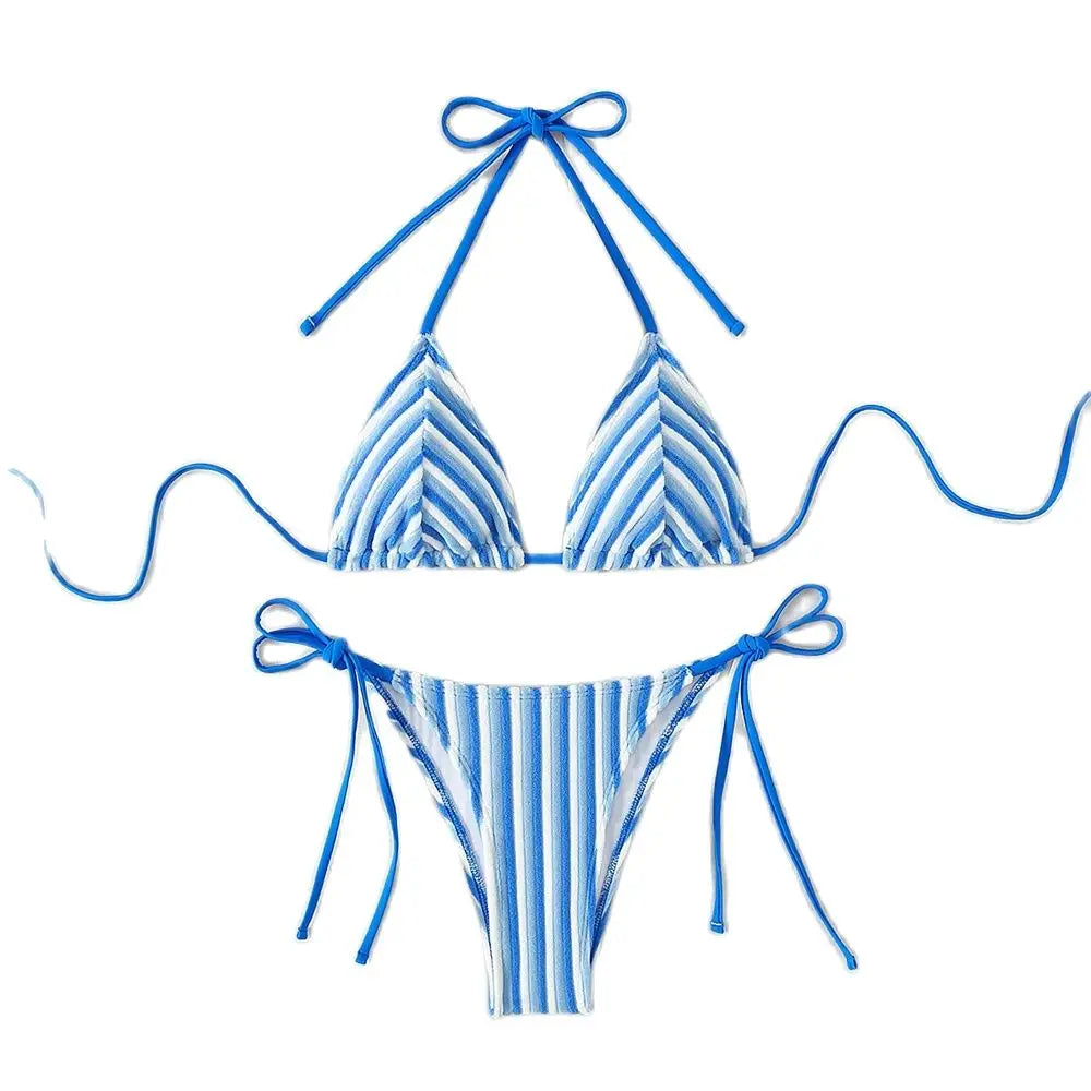 New Towel Cloth Halter Neck Bikini – Striped Tie-Up Low-Waisted Swimwear for Women’s Summer Beach Vacation