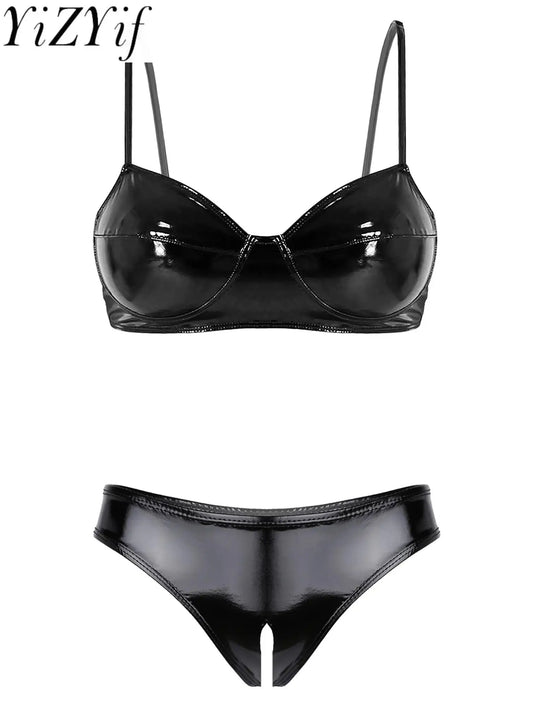 Women's Wet Look Patent Leather Latex Lingerie Set – Wireless Bra Top with High Cut Front Zipper Briefs, Rave Festival Bikini Set