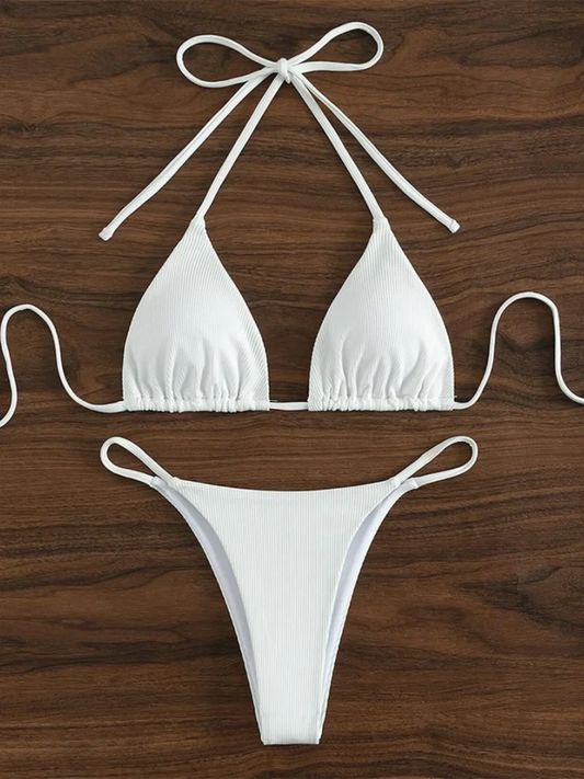 Sexy Triangle String Bikini – Solid White Padded Swimsuit for Women’s Beachwear