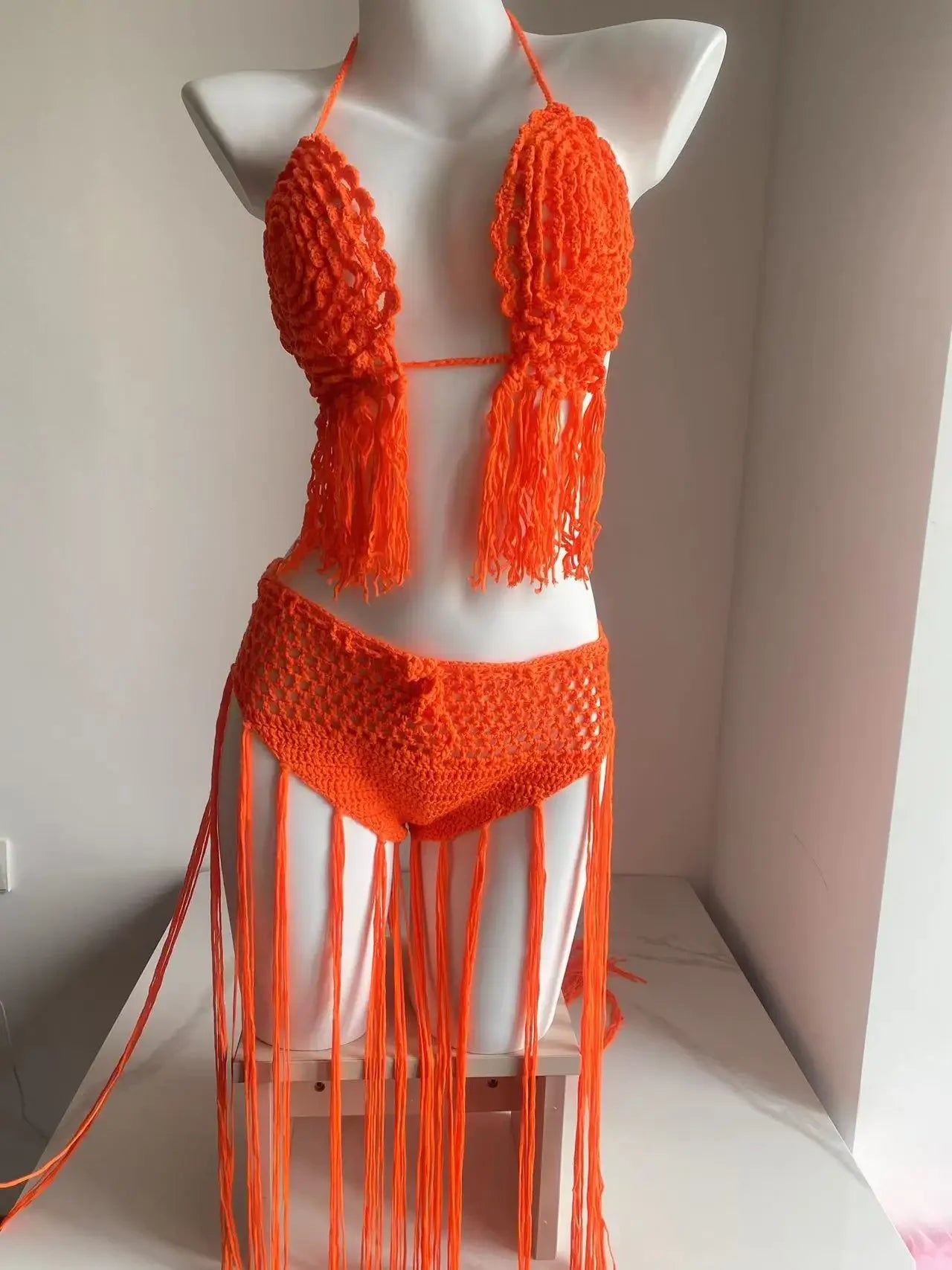 Knitted Bra Top Bikini Set – Handmade Crochet Swimsuit with Tassel Beach Wrap Skirt for Holiday Outfits