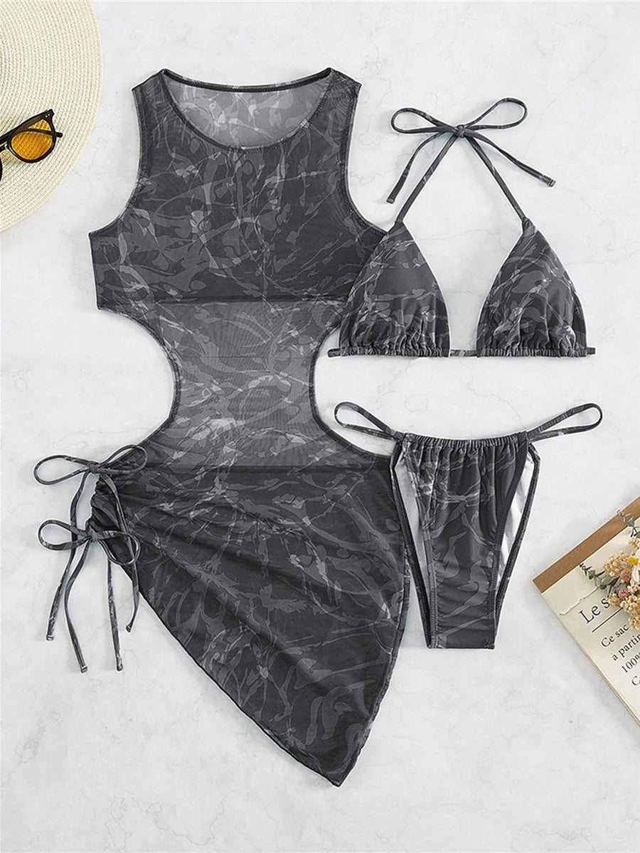 2025 3-Piece Print Halter Bikini Set – Triangle String Swimsuit & Beachwear for Women