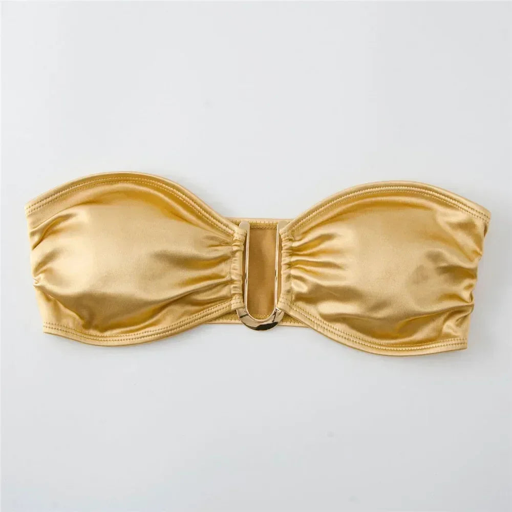 Sexy U-Shaped Bandeau Bikini Set – Strapless Gold Brazilian Swimsuit for Women