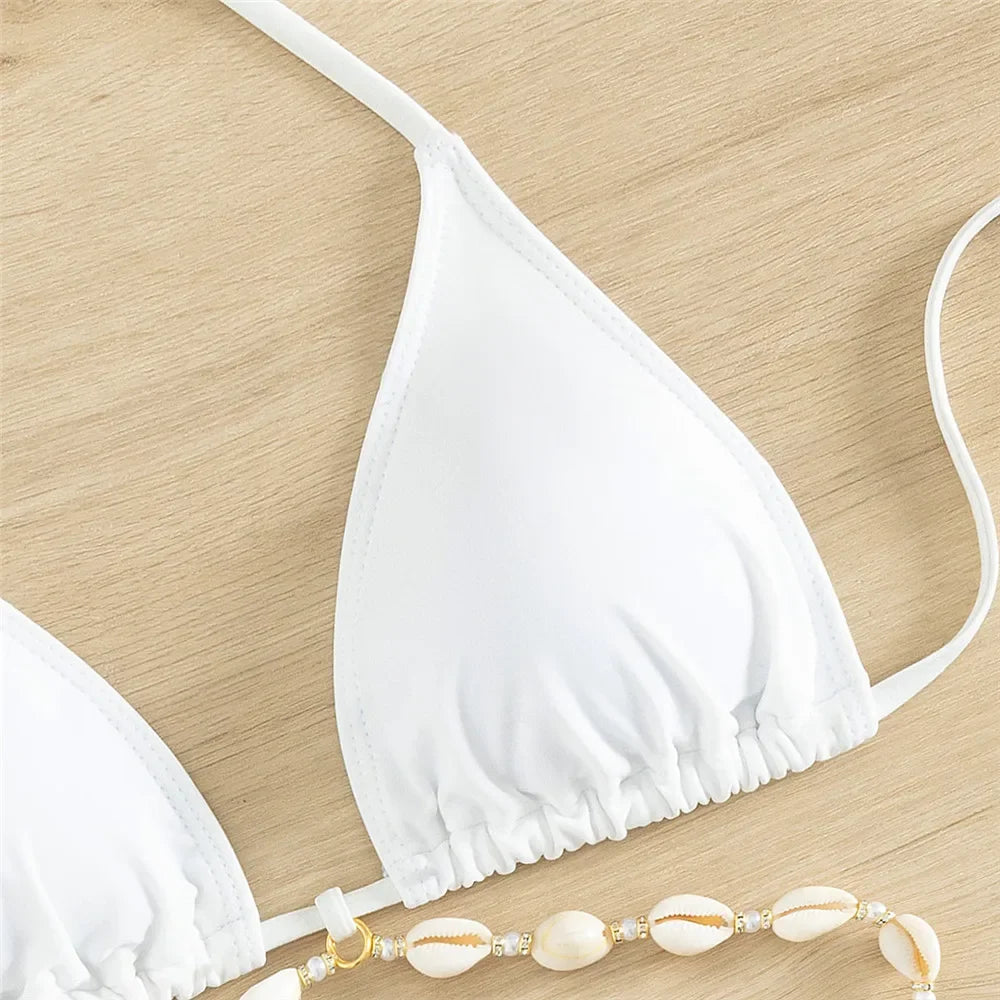 2025 Sexy White Shell String Halter Bikini Set – Triangle Micro Thong Swimsuit for Women, Mini Bathing Suit