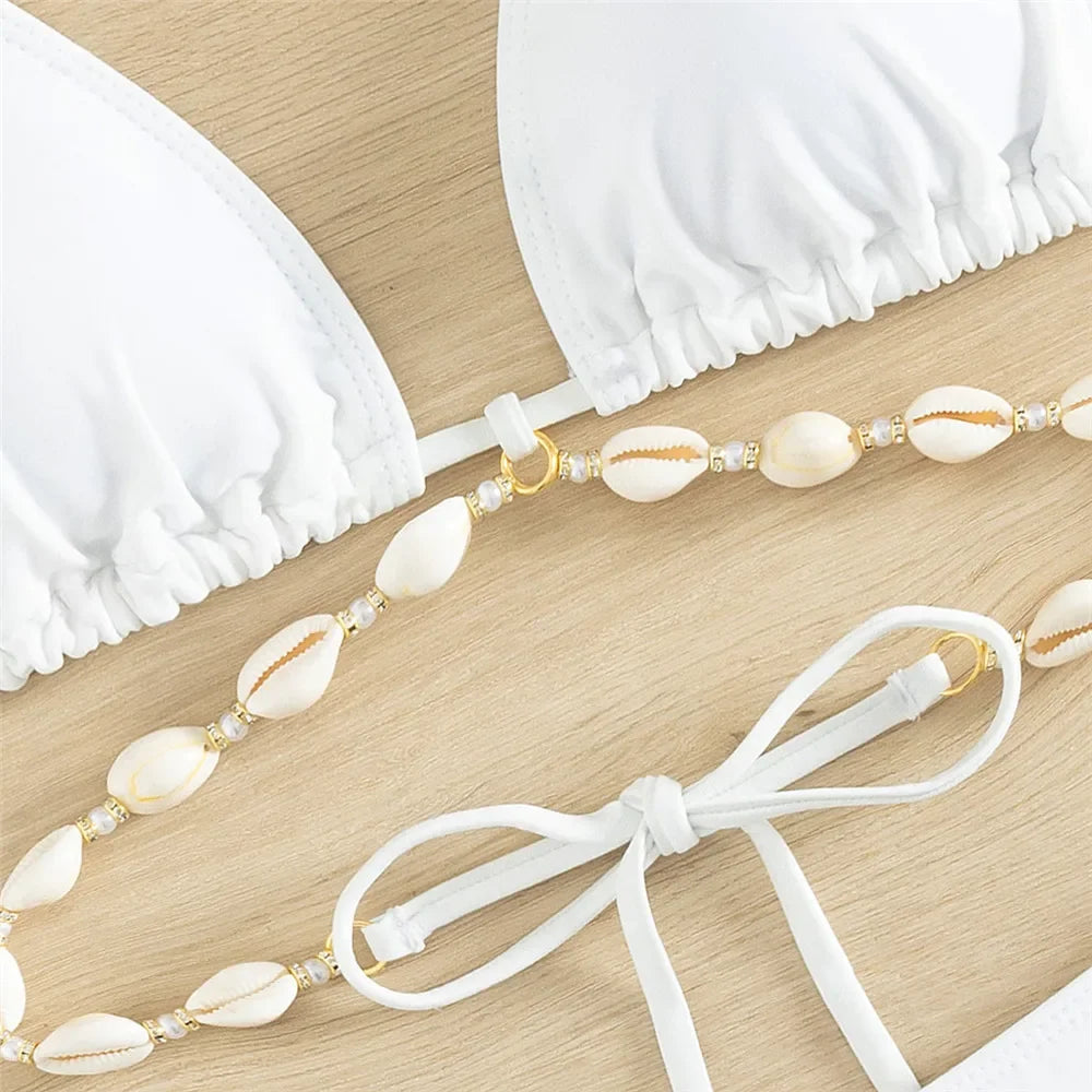 2025 Sexy White Shell String Halter Bikini Set – Triangle Micro Thong Swimsuit for Women, Mini Bathing Suit