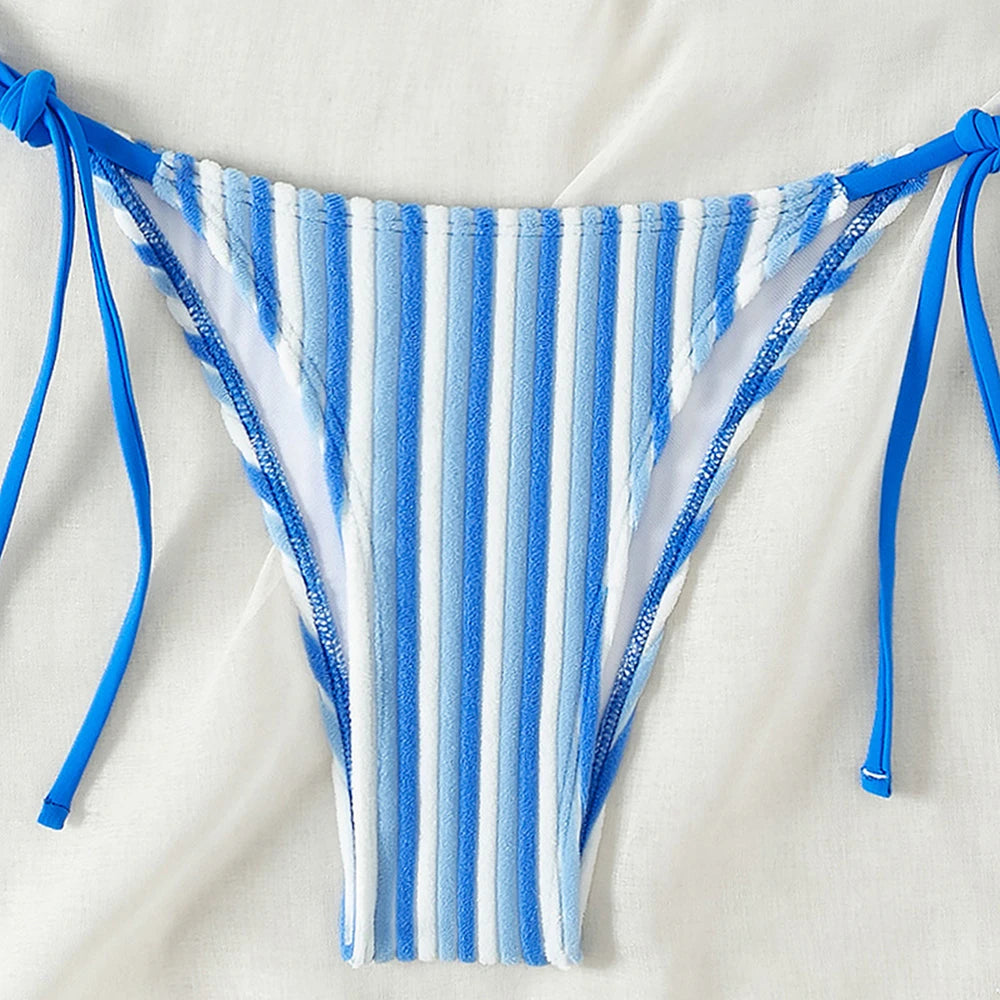New Towel Cloth Halter Neck Bikini – Striped Tie-Up Low-Waisted Swimwear for Women’s Summer Beach Vacation