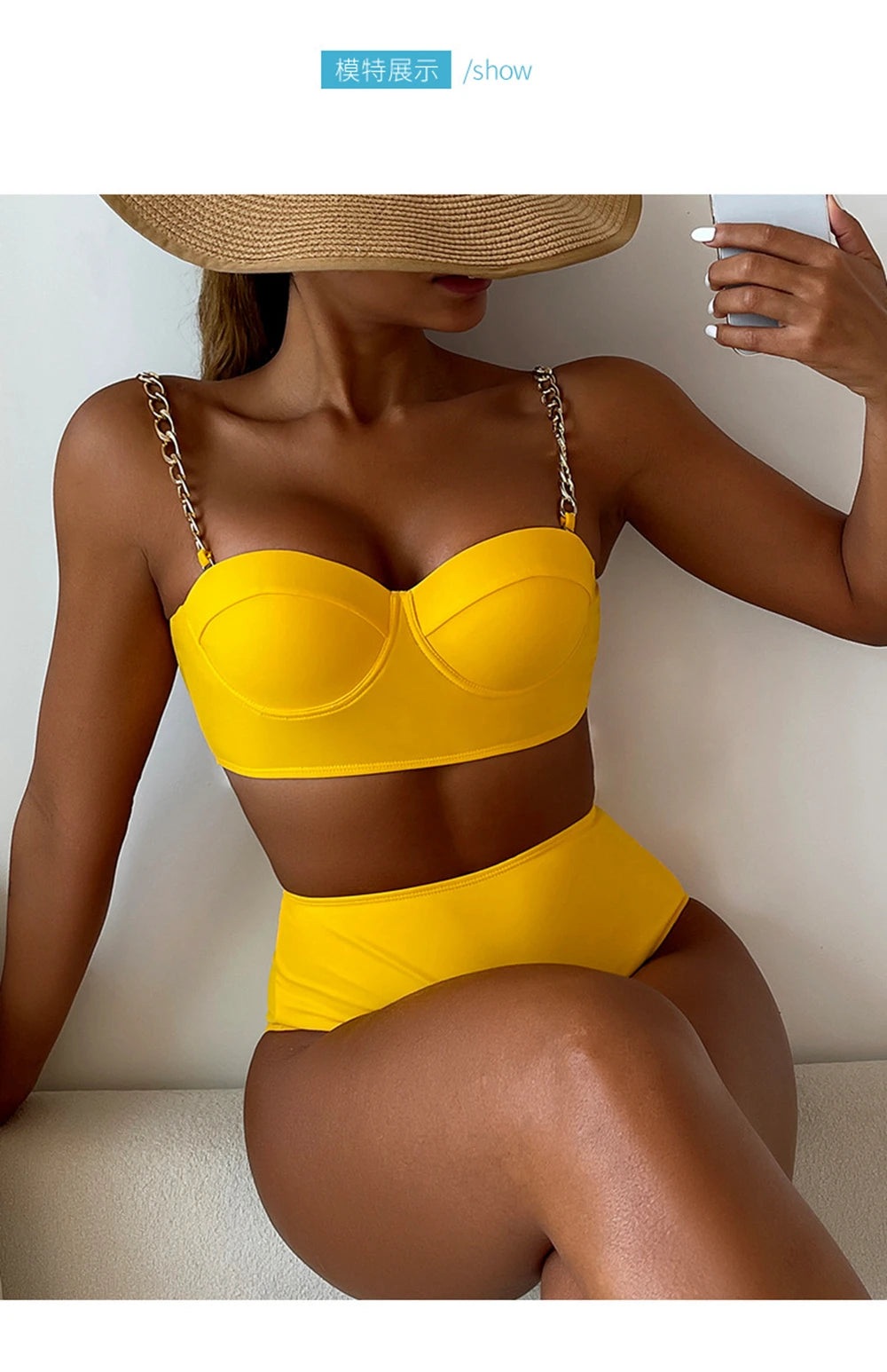 Push-Up Underwire Bikini Set – Chain Strap Hard Wrap Top & High-Waist Bottom Swimwear