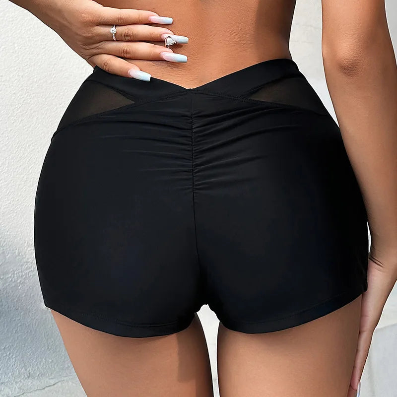 Women Solid Ruched Bikini Bottom, Sexy Mesh Sides, High Waisted, Two-Piece Separate, Elastic Flat Leg Swimming Shorts, 2025 Beachwear