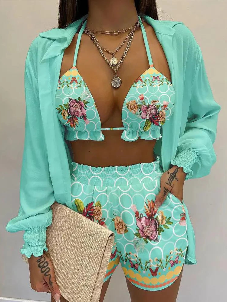 New Green Print High-Waist Bikini Set – Sexy Lace-Up Three-Piece Swimsuit for Women’s Beachwear